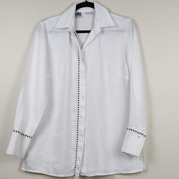 Richard Malcolm Irish Linen Long Sleeve Button Front Blouse Top Black Embroidery - Picture 14 of 14